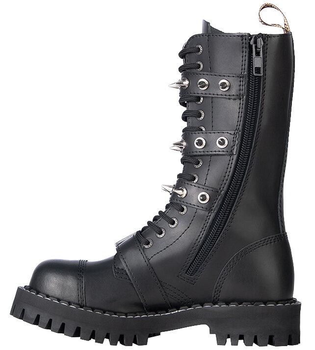 Steel Boots 15 Eyelets Black 4 Buckles Zip Pyramid