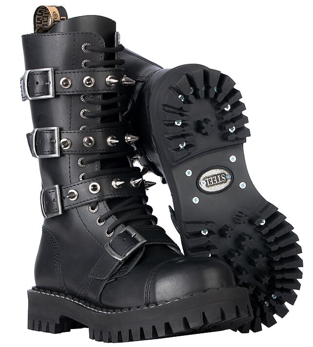 ビーツ Steel Boots 15 Eyelets Black 4 Buckles Zip Pyramid