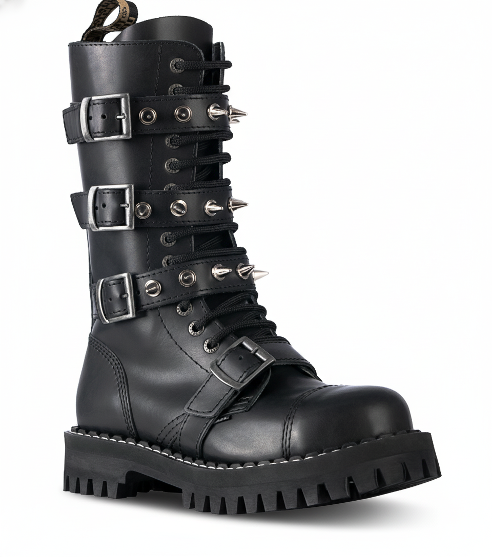 Steel Boots 15 Eyelets Black 4 Buckles Zip Pyramid