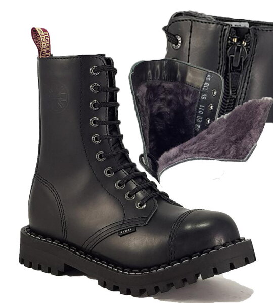Steel Boots 10 Eyelets Black Warm With Zip